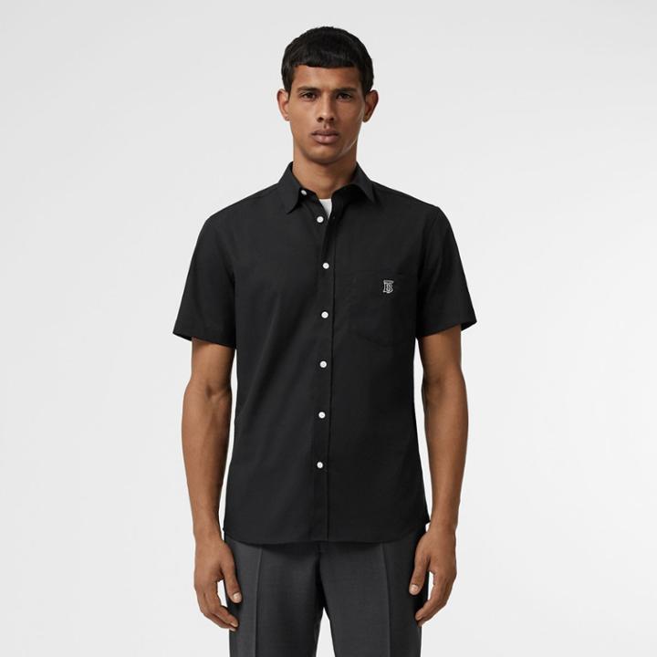 Burberry Burberry Short-sleeve Monogram Motif Stretch Cotton Shirt, Black