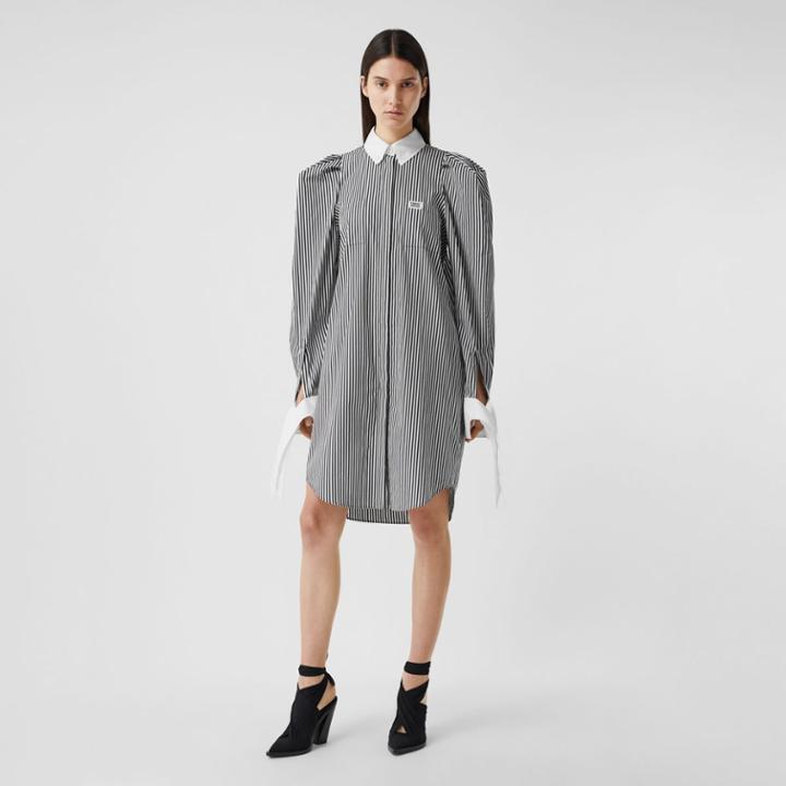 Burberry Burberry Logo Appliqu Striped Cotton Poplin Shirt Dress, Size: 04, Black