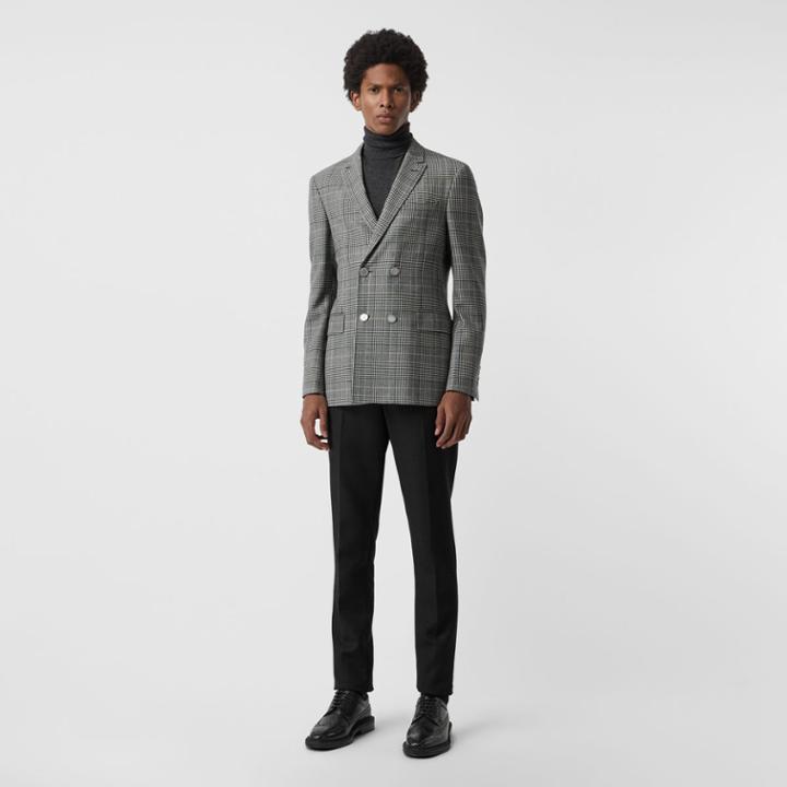 Burberry Burberry Slim Fit Check Wool Double-breasted Jacket, Size: 34r, Black