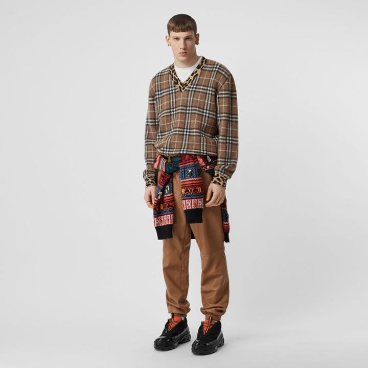 Burberry Burberry Leopard Detail Vintage Check Cashmere Blend Sweater, Brown