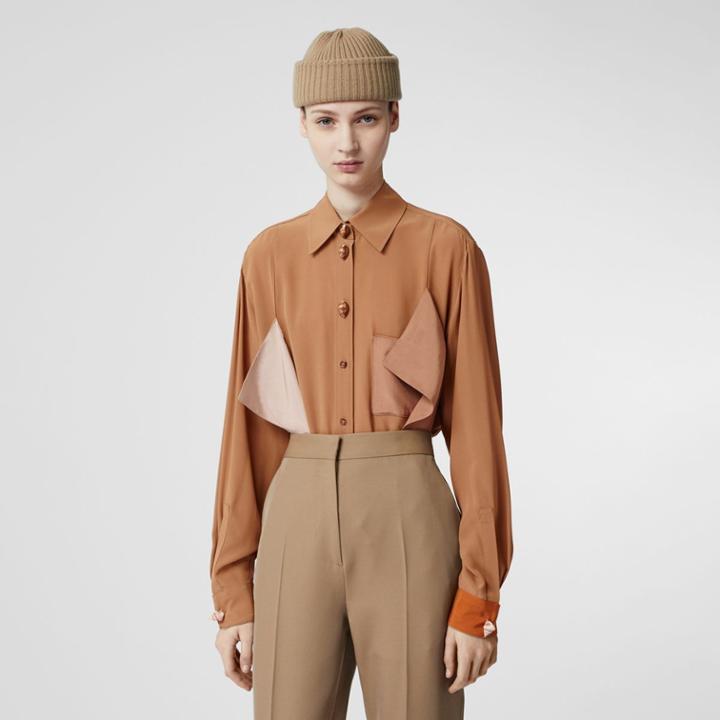Burberry Burberry Drape Detail Silk Oversized Shirt, Size: 00, Brown