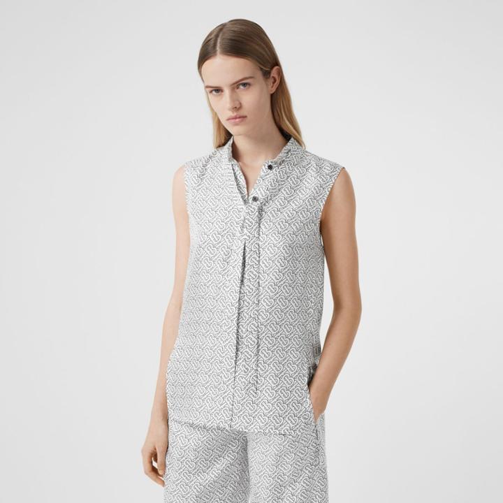 Burberry Burberry Sleeveless Monogram Print Silk Tie-neck Shirt, Size: 04, White