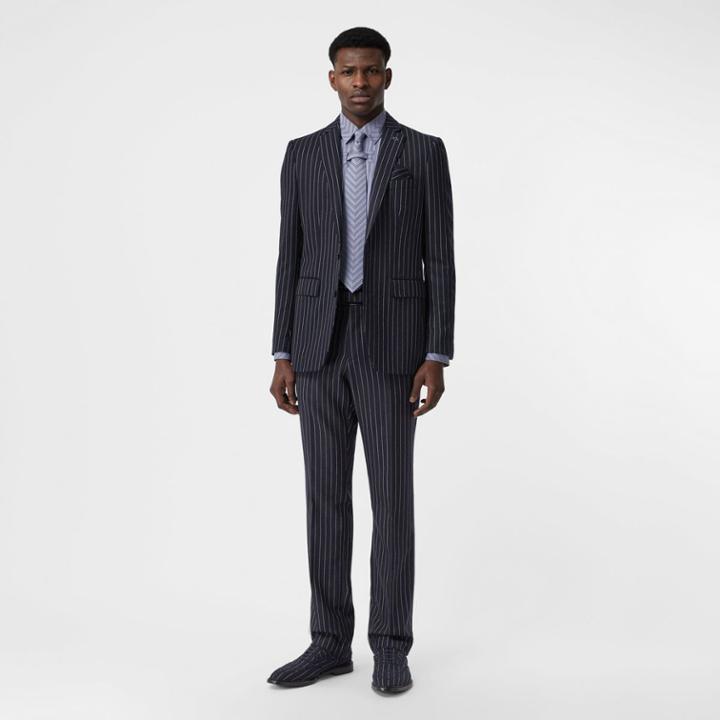 Burberry Burberry Classic Fit Pinstriped Wool Tailored Trousers, Size: 38, Blue