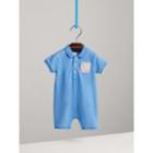 Burberry Burberry Check Detail Stretch Cotton Piqu Playsuit, Size: 12m, Blue