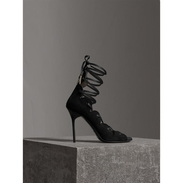 Burberry Burberry Scalloped Suede Lace-up Sandals, Size: 37.5, Black