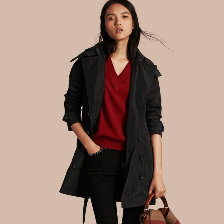 Burberry Burberry Taffeta Trench Coat With Detachable Hood, Size: 06, Black