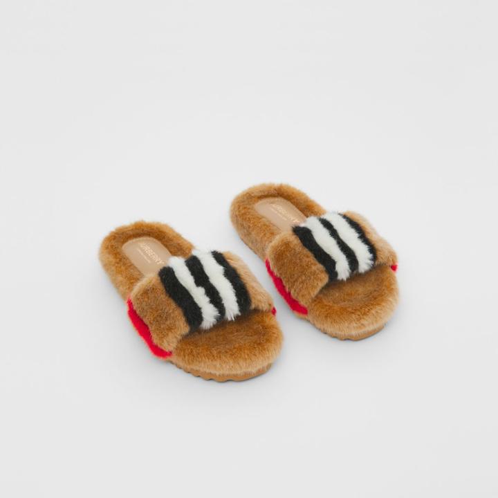 Burberry Burberry Childrens Icon Stripe Faux Fur Slides, Size: 10
