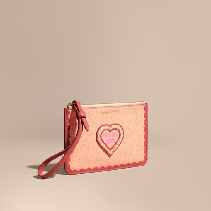 Burberry Burberry Young Love Motif Grainy Leather Wristlet, Grey