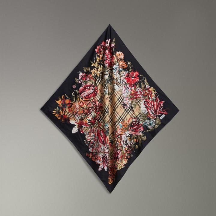 Burberry Burberry Scribble Floral Vintage Check Silk Square Scarf, Black