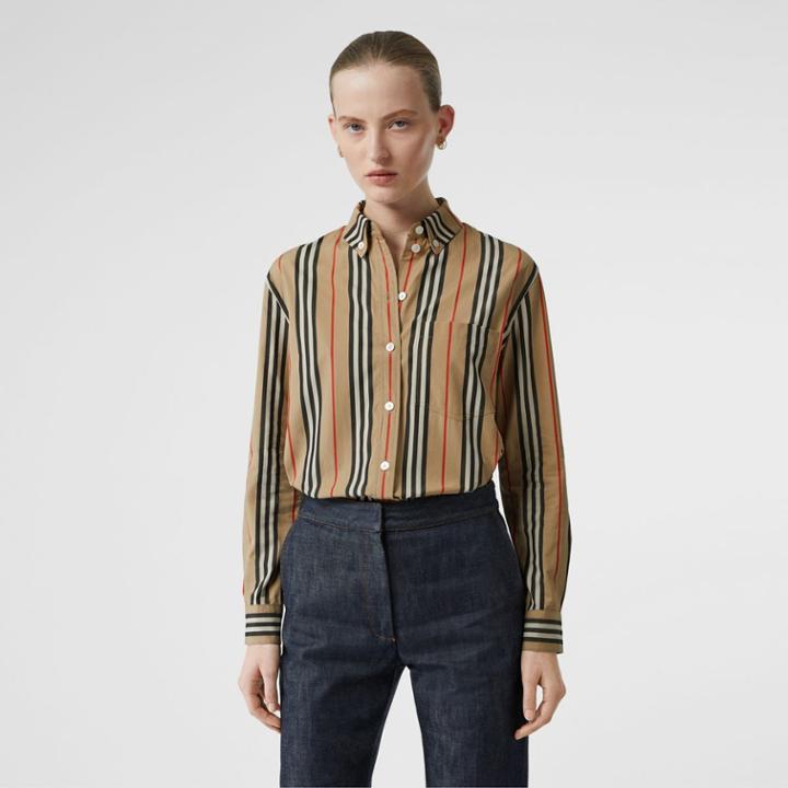 Burberry Burberry Button-down Collar Icon Stripe Cotton Shirt, Size: 06, Beige