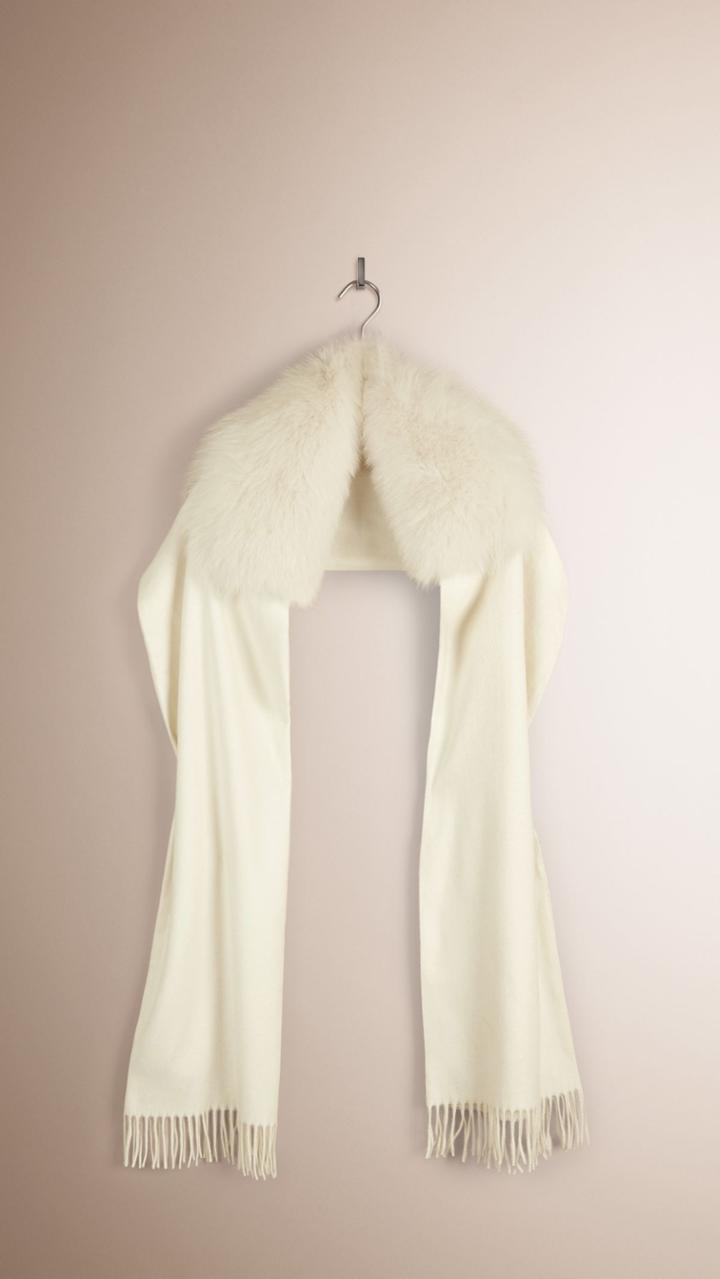 Burberry Burberry Fur-trimmed Cashmere Scarf, White