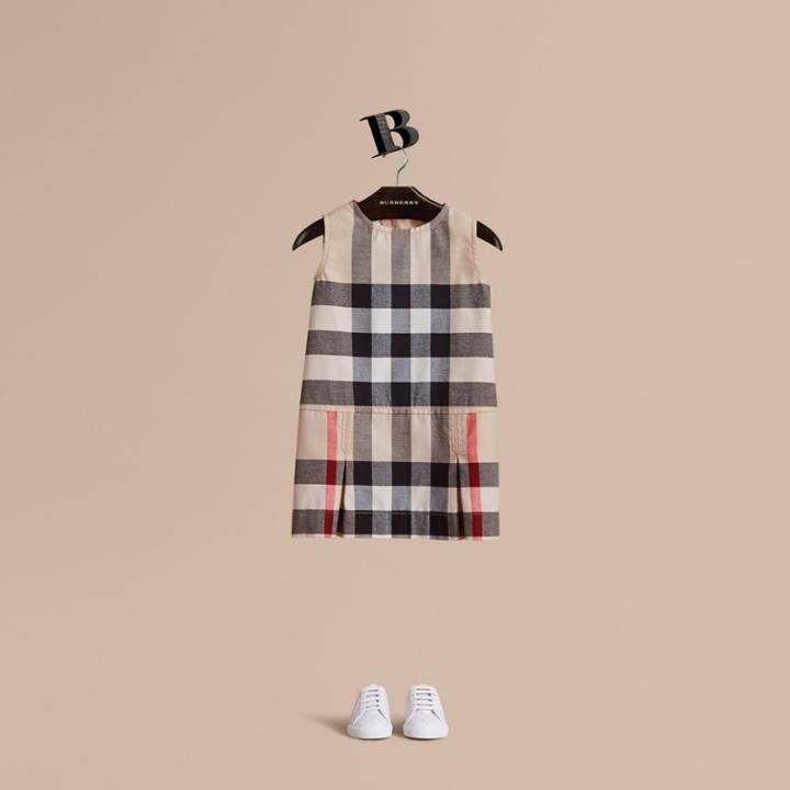 Burberry Burberry Pleated Washed Check Cotton A-line Dress, Size: 3y, Beige