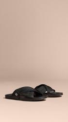 Burberry Check Detail Technical Web And Leather Sandals