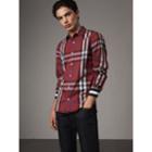 Burberry Burberry Striped Cuff Check Cotton Blend Shirt, Size: M, Red