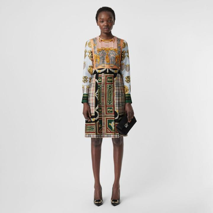 Burberry Burberry Archive Scarf Print Pleated Silk Dress, Size: 02
