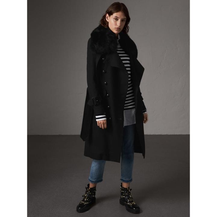 Burberry Burberry Detachable Fox Fur Trim Wool Blend Trench Coat, Size: 00