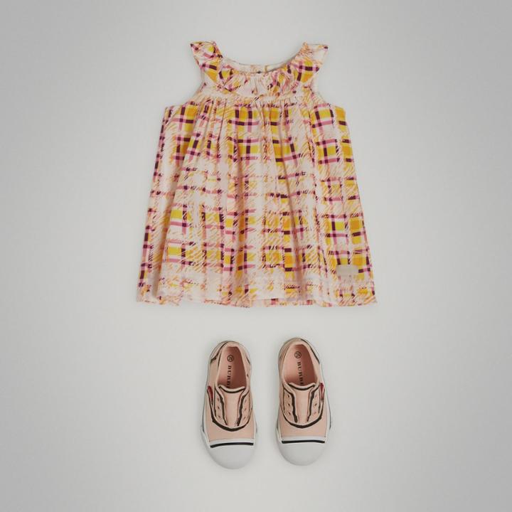 Burberry Burberry Gathered Scribble Check Print Silk Dress, Size: 12m