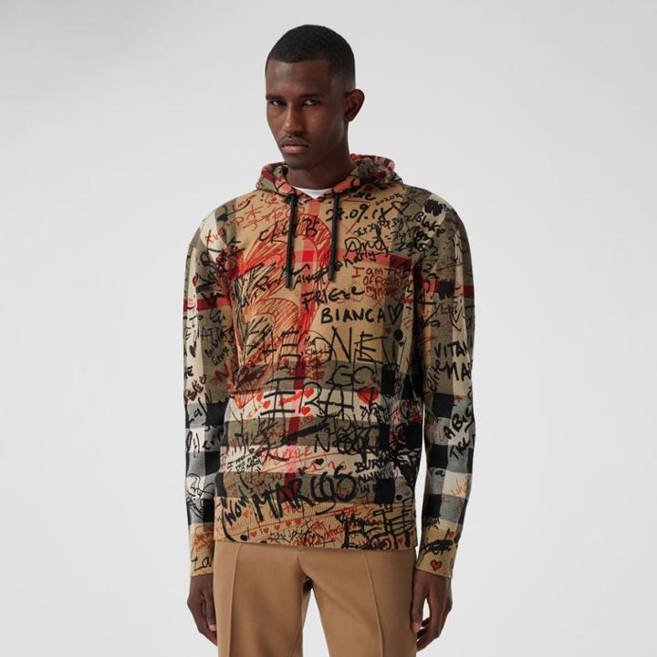 Burberry Burberry Graffiti Print Check Merino Wool Jacquard Hoodie, Beige