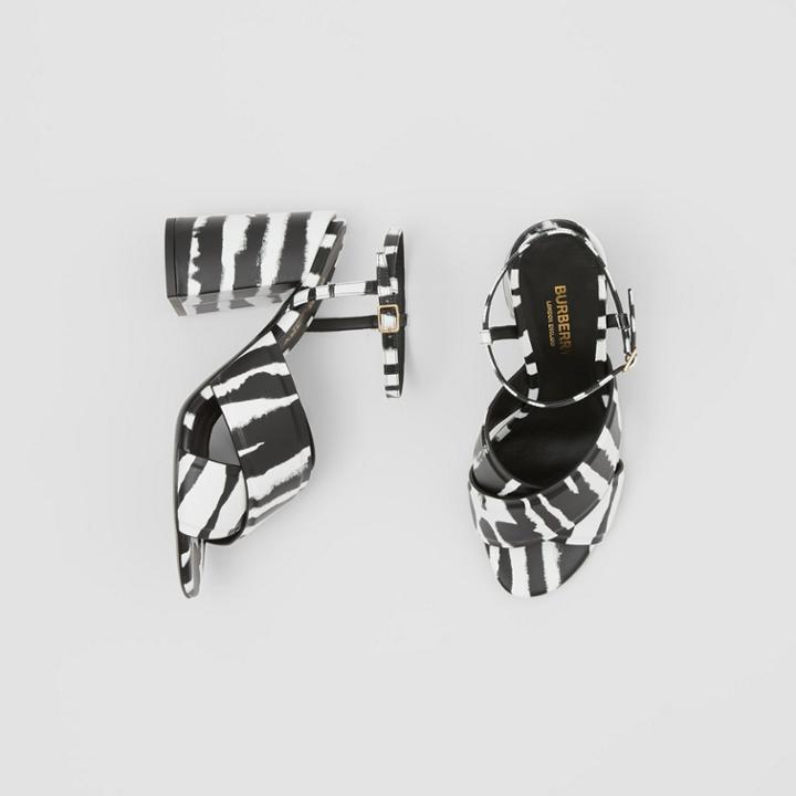 Burberry Burberry Watercolour Print Leather Block-heel Sandals, Size: 41, Black
