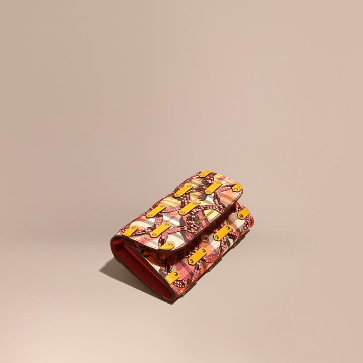 Burberry Burberry Snakeskin Appliqu Peony Rose Print Haymarket Check Continental Wallet, Pink
