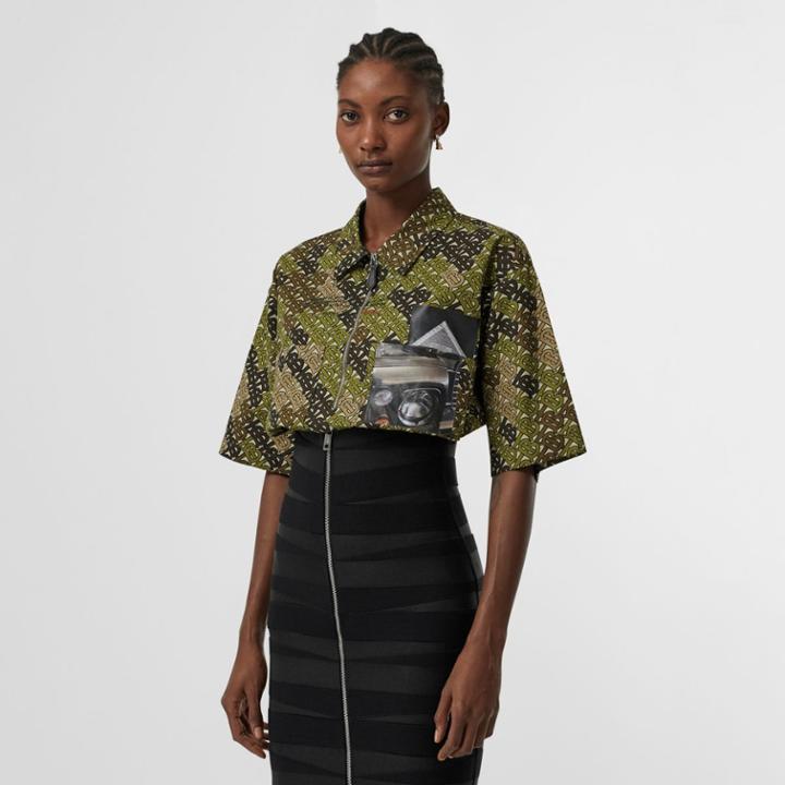 Burberry Burberry Short-sleeve Monogram Print Cotton Oversized Shirt, Size: 04, Green