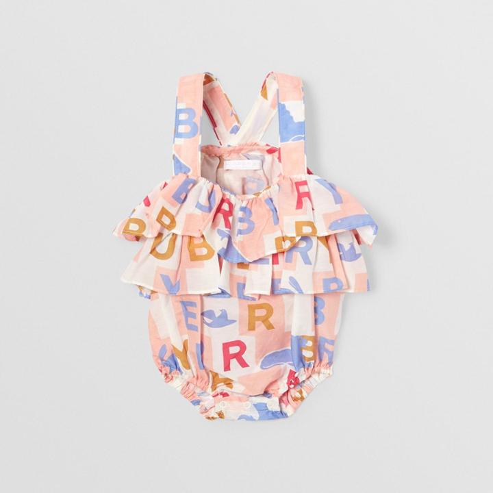 Burberry Burberry Childrens Ruffle Detail Logo Print Cotton Silk Playsuit, Size: 1m, Pink
