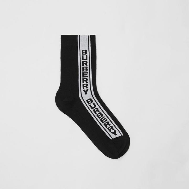 Burberry Burberry Logo Stripe Intarsia Cotton Blend Socks, Size: M, Black