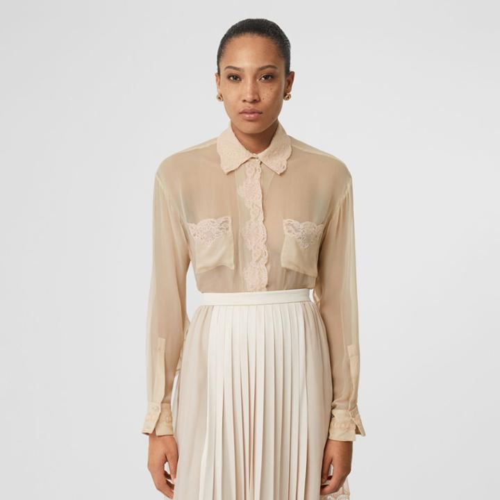 Burberry Burberry Lace Detail Silk Chiffon Shirt, Size: 00, Orange