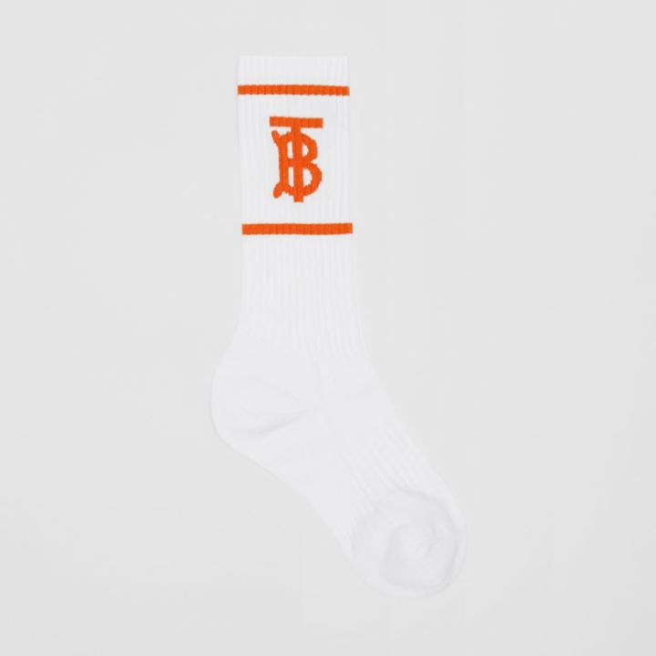 Burberry Burberry Monogram Motif Intarsia Socks, Size: L, White/orange