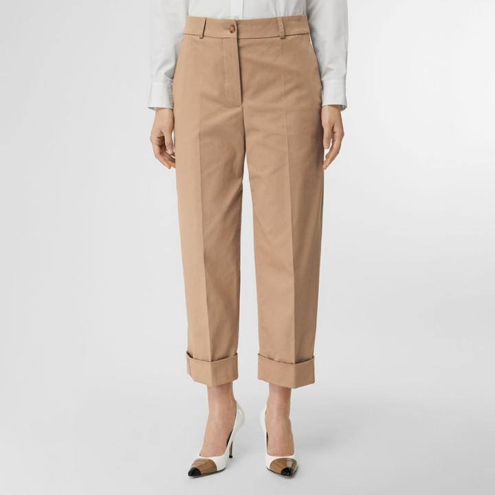 Burberry Burberry Icon Stripe Detail Stretch Cotton Cropped Trousers, Size: 04, Brown