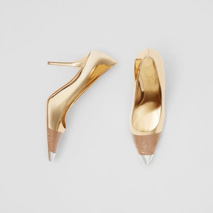 Burberry Burberry Tape Detail Mirrored Leather Pumps, Size: 35, Gold/silver