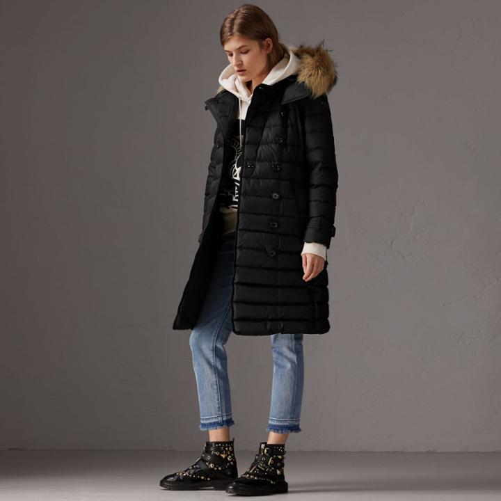 Burberry Burberry Detachable Hood Fur Trim Down-filled Puffer Coat, Black