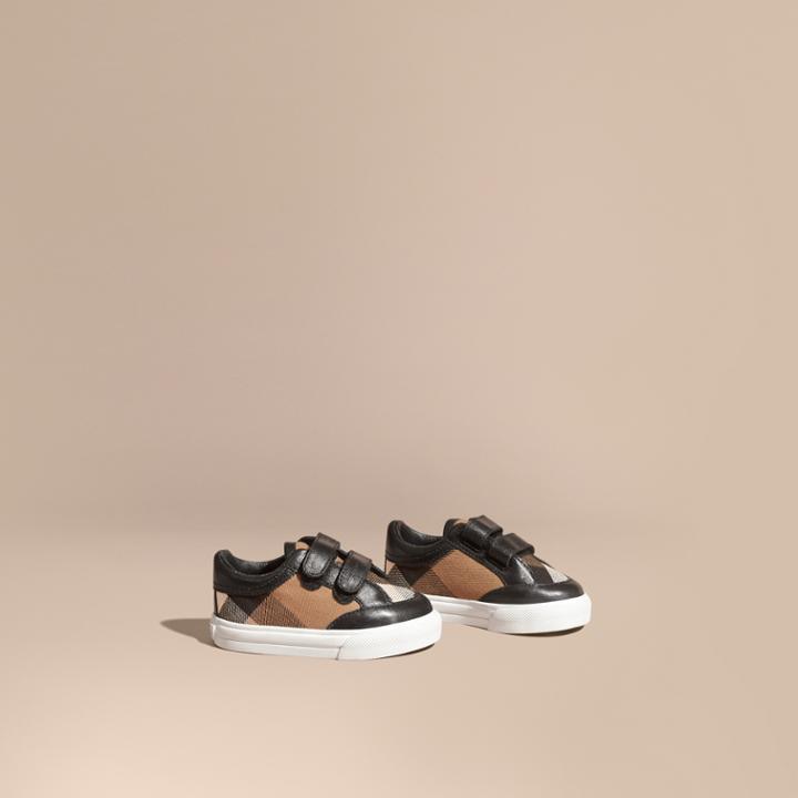 Burberry Burberry House Check And Leather Trainers, Size: 3, Black