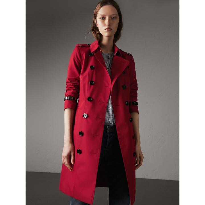 Burberry Burberry Leather Trim Cotton Gabardine Trench Coat, Size: 12, Red