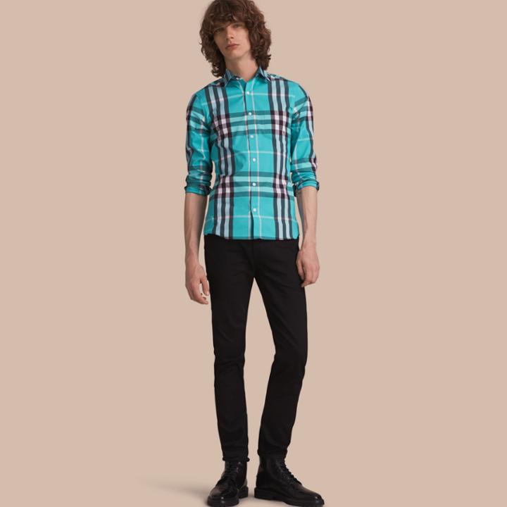Burberry Burberry Check Stretch Cotton Shirt, Size: L, Green