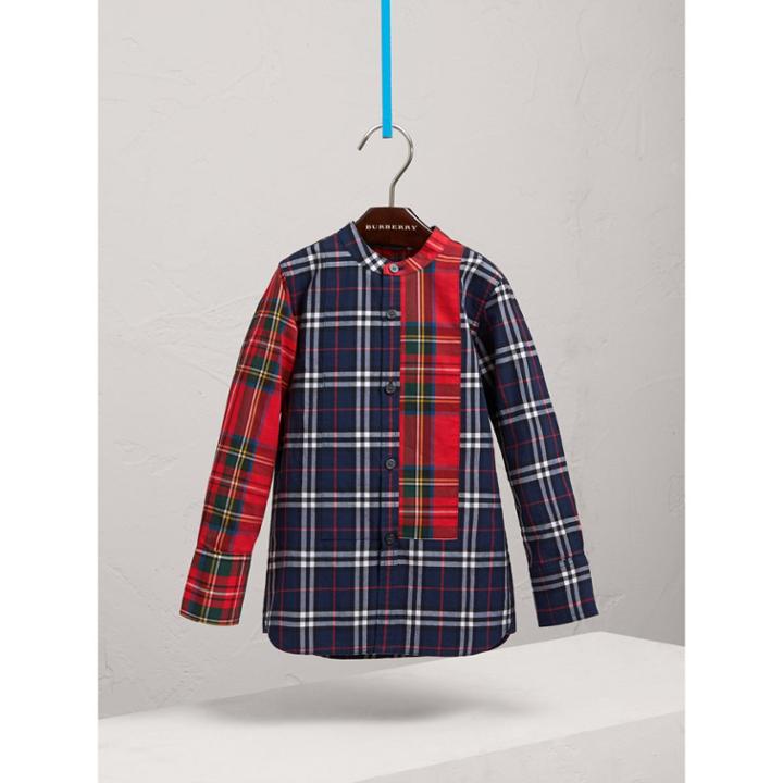 Burberry Burberry Panelled Tartan And Check Cotton Poplin Shirt, Size: 4y, Blue