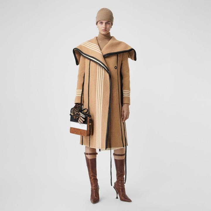 Burberry Burberry Lambskin Trim Striped Wool Wrap Coat, Size: 06, Brown