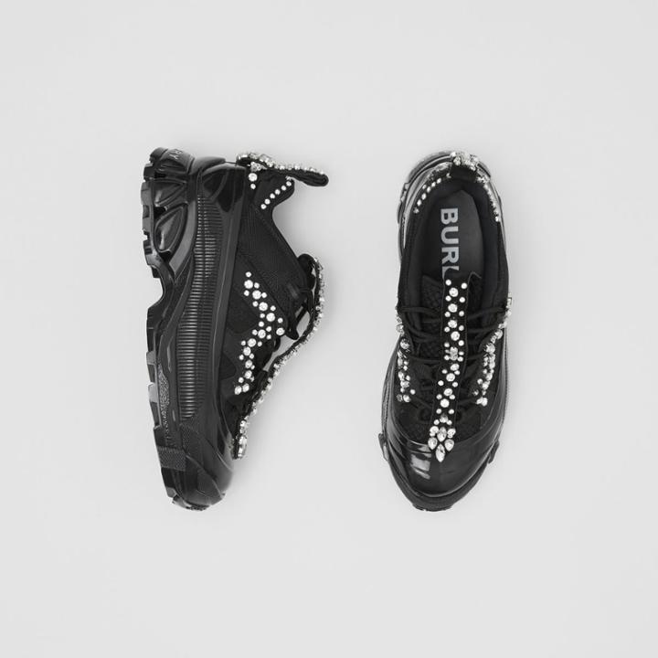 Burberry Burberry Crystal Detail Suede And Mesh Arthur Sneakers, Size: 35.5, Black