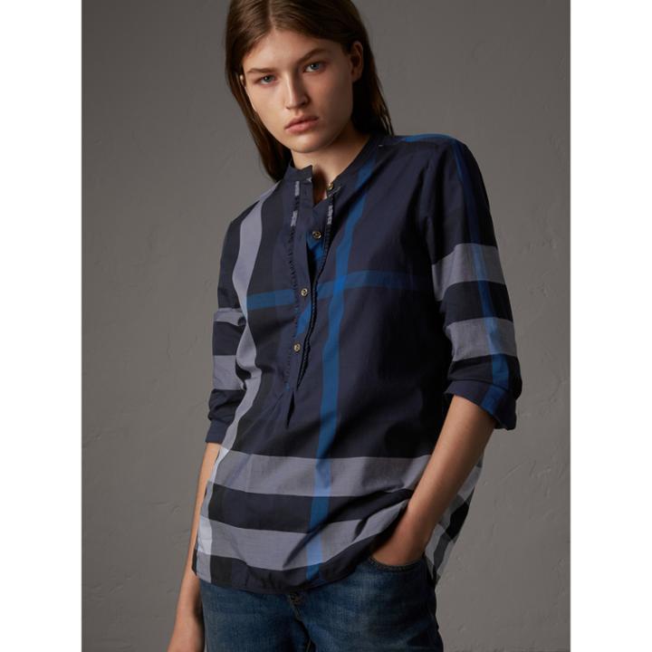 Burberry Burberry Check Grandad Collar Shirt, Size: 06, Blue
