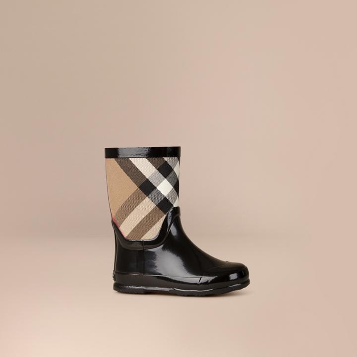 Burberry Burberry House Check Panel Rain Boots, Size: 27, Black
