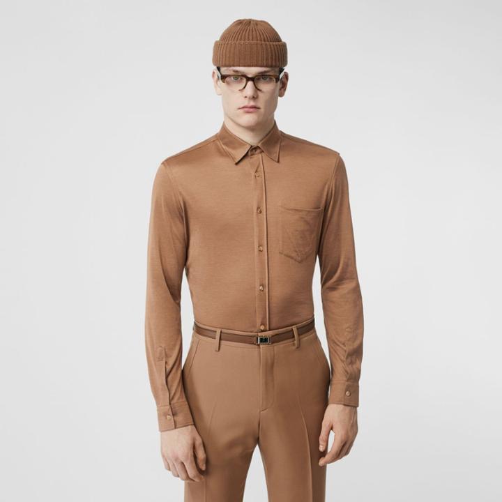 Burberry Burberry Classic Fit Silk Jersey Shirt, Size: 14.5, Beige