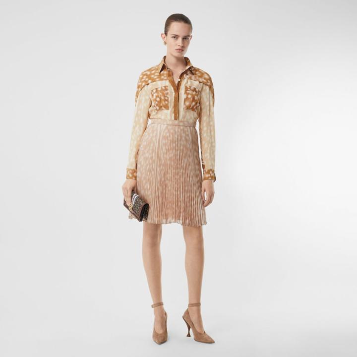 Burberry Burberry Cape Sleeve Deer Print Silk Shirt, Size: 04, Beige