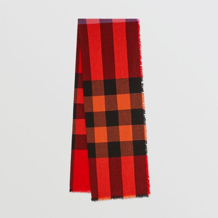 Burberry Burberry Fringed Check Wool Cashmere Scarf, Orange