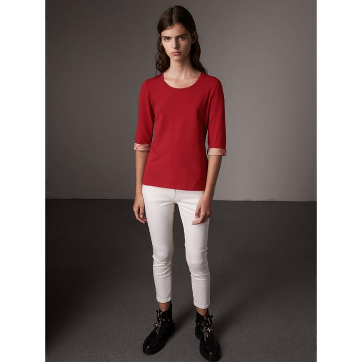 Burberry Burberry Check Cuff Stretch-cotton Top, Red
