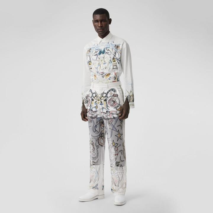 Burberry Burberry Marine Sketch Print Silk Overlay Cotton Shorts, Size: 52, White