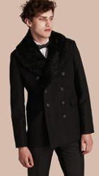 Burberry Technical-cotton Moleskin Pea Coat With Shearling Collar