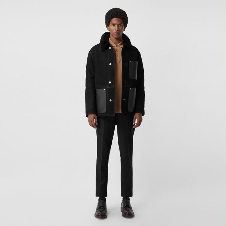 Burberry Burberry Leather Detail Shearling Workwear Jacket, Size: 34, Black