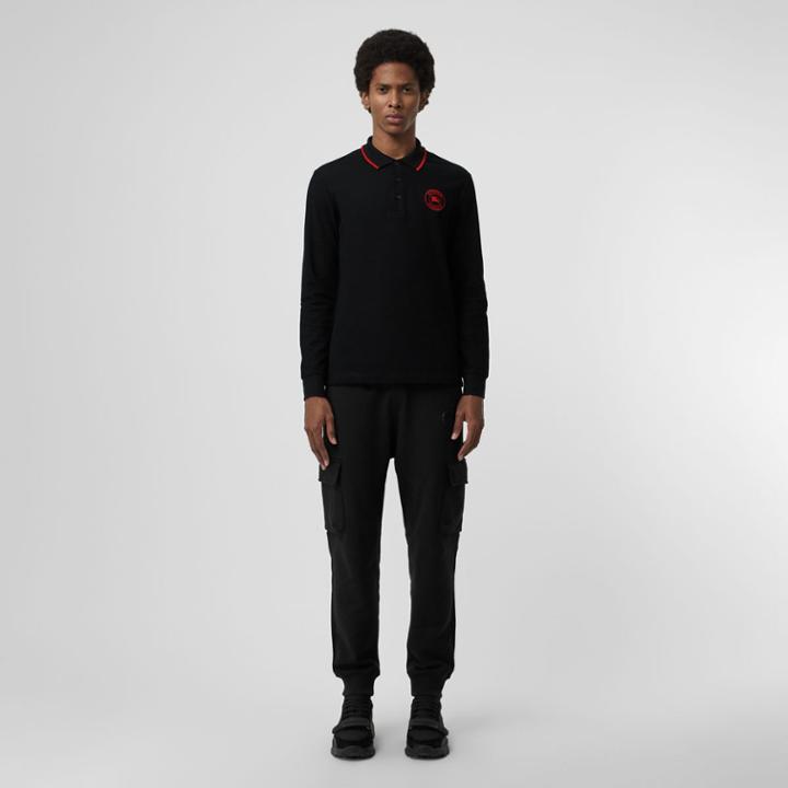 Burberry Burberry Long-sleeve Embroidered Logo Cotton Polo Shirt, Black
