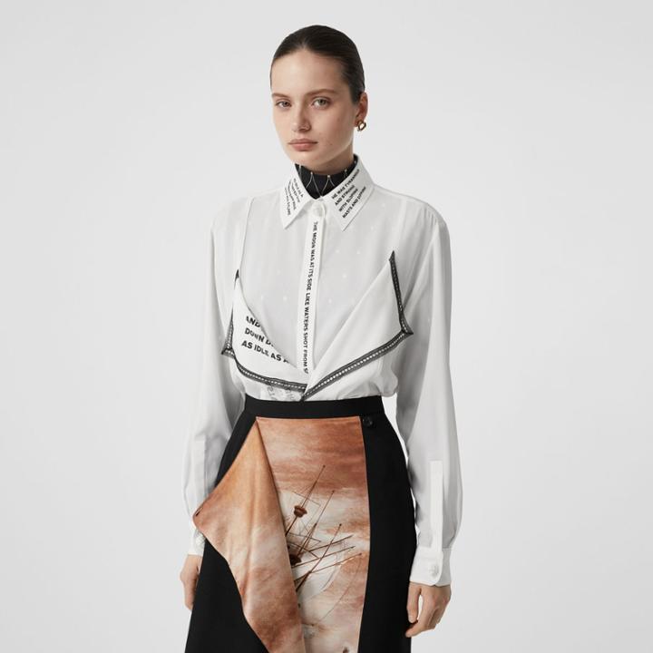 Burberry Burberry Mariner Print Lace Trim Silk Oversized Shirt, Size: 06, Brown