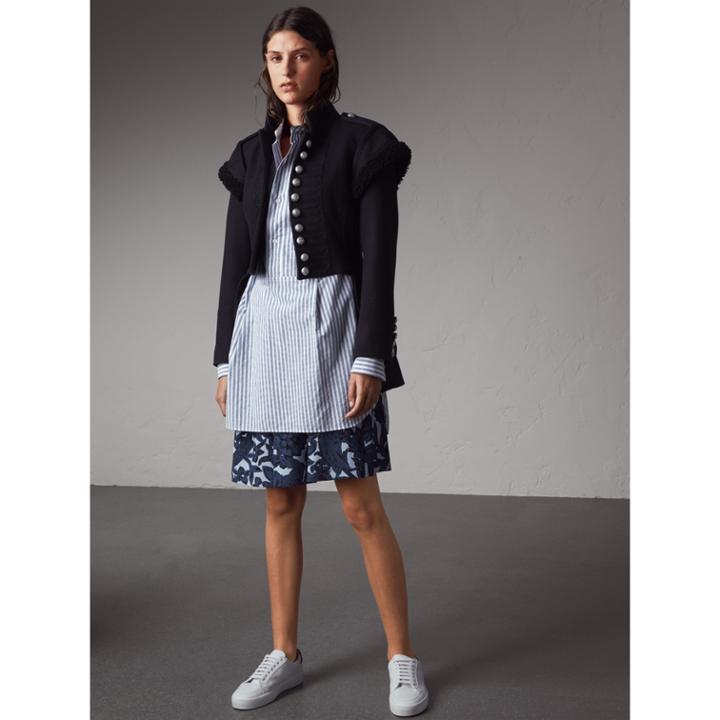 Burberry Burberry Shearling Trim Wool Blend Regimental Jacket, Size: 02, Blue